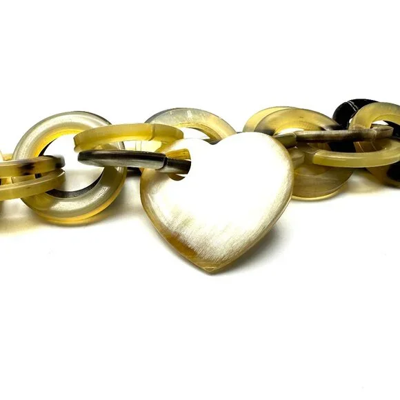 Vintage 1980s YSL Carved Horn Chain Link Bracelet— Heart Charm — Signed — EUC - Picture 5 of 10
